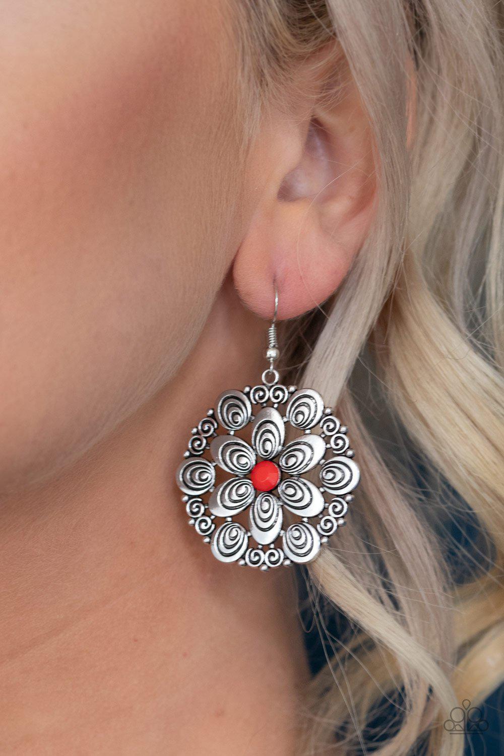 Grove Groove Red and Silver Flower Earrings - Paparazzi Accessories- on model - CarasShop.com - Paparazzi Jewelry by Cara Jewels