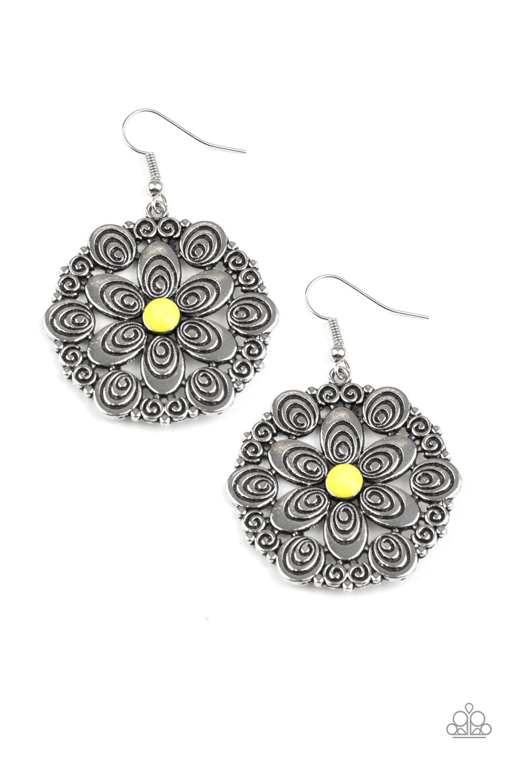Grove Groove Yellow and Silver Flower Earrings - Paparazzi Accessories- lightbox - CarasShop.com - Paparazzi Jewelry by Cara Jewels