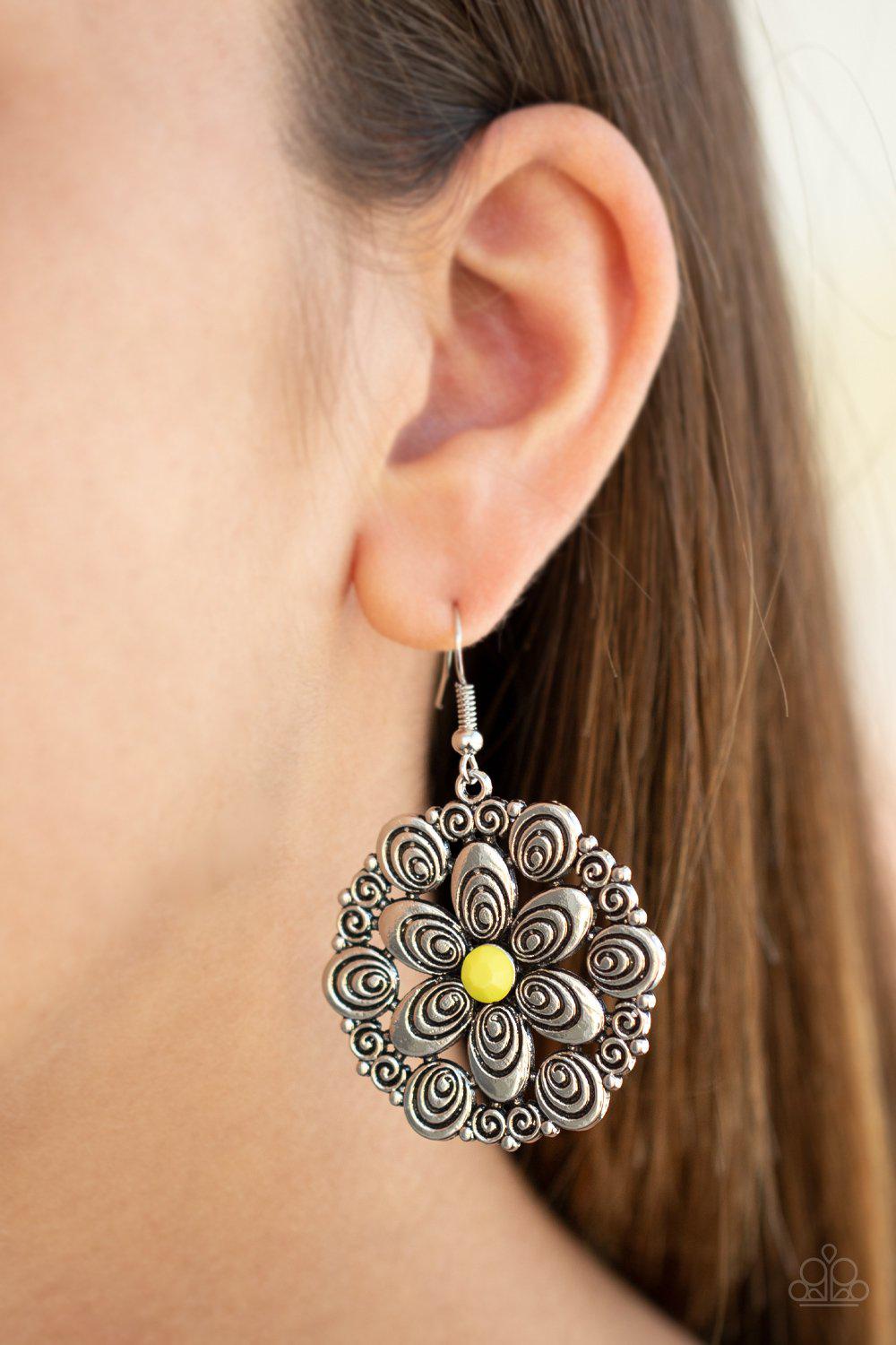 Grove Groove Yellow and Silver Flower Earrings - Paparazzi Accessories- lightbox - CarasShop.com - Paparazzi Jewelry by Cara Jewels