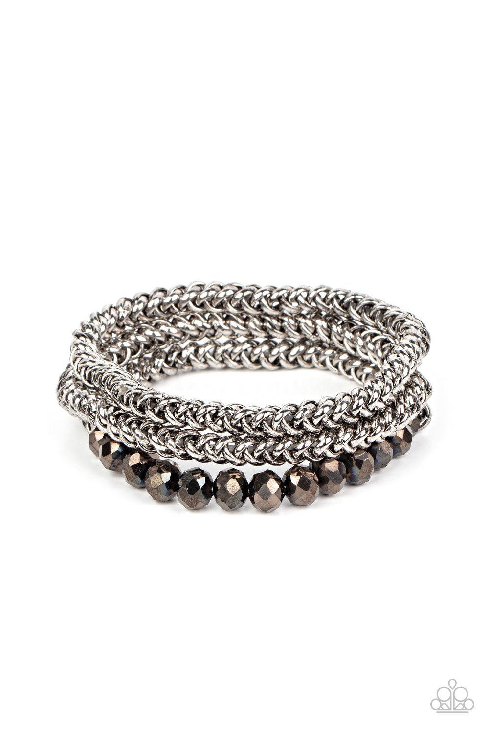 Gutzy and Glitzy Silver Hematite and Chain Bracelet Set - Paparazzi Accessories- lightbox - CarasShop.com - Paparazzi Jewelry by Cara Jewels