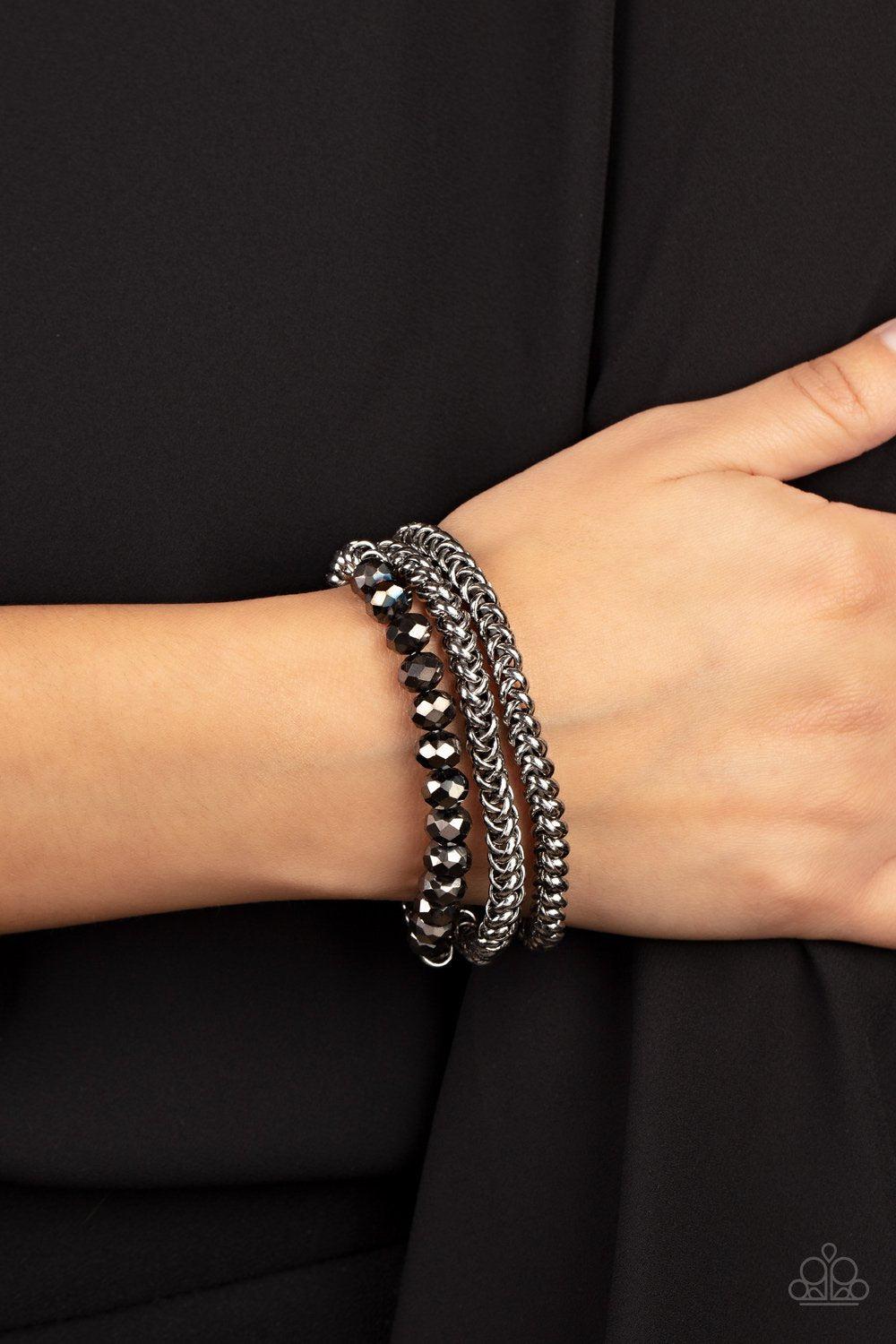 Gutzy and Glitzy Silver Hematite and Chain Bracelet Set - Paparazzi Accessories- on model - CarasShop.com - Paparazzi Jewelry by Cara Jewels
