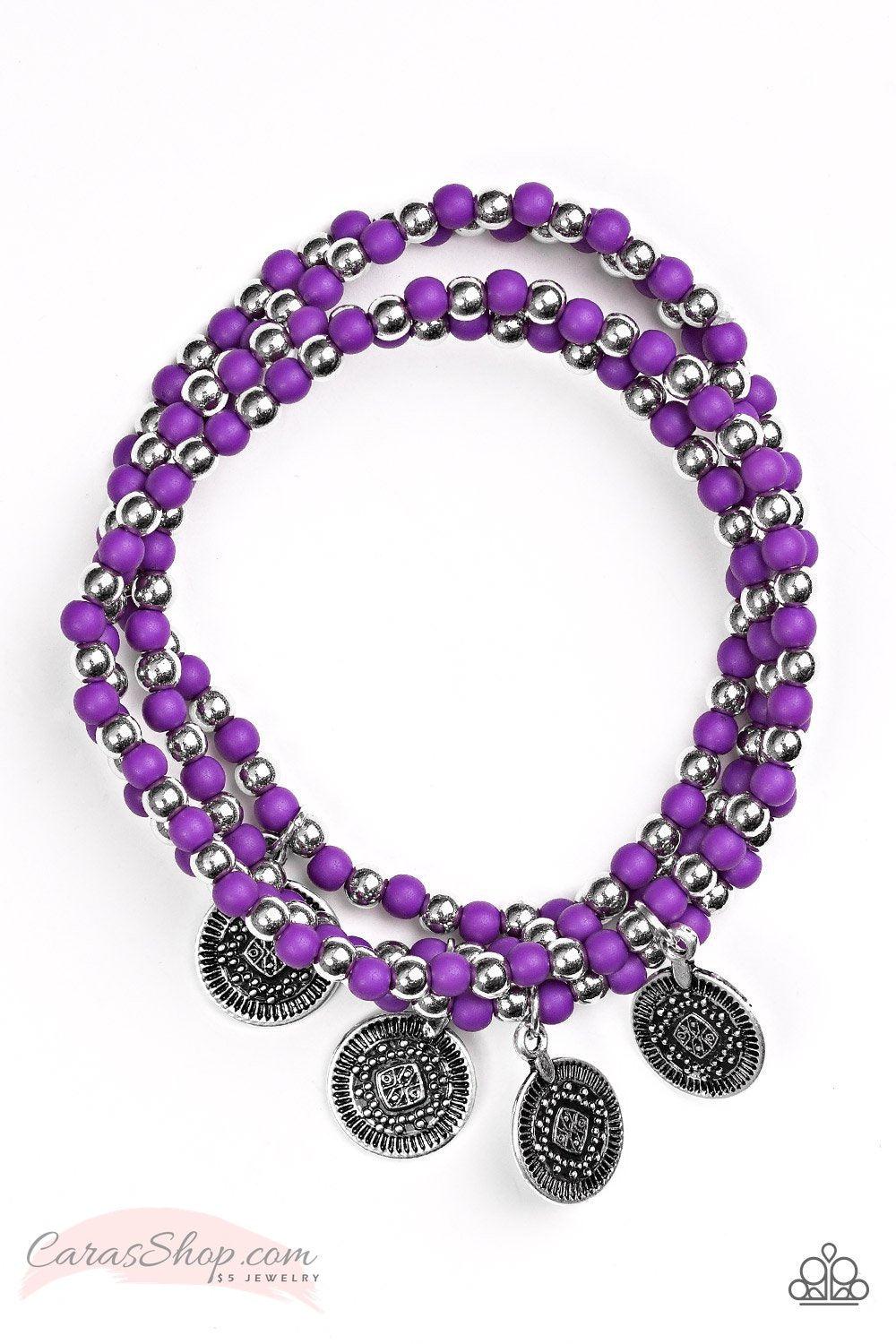 Gypsy Globetrotter Purple Stretch Bracelet Set - Paparazzi Accessories- on model - CarasShop.com - Paparazzi Jewelry by Cara Jewels
