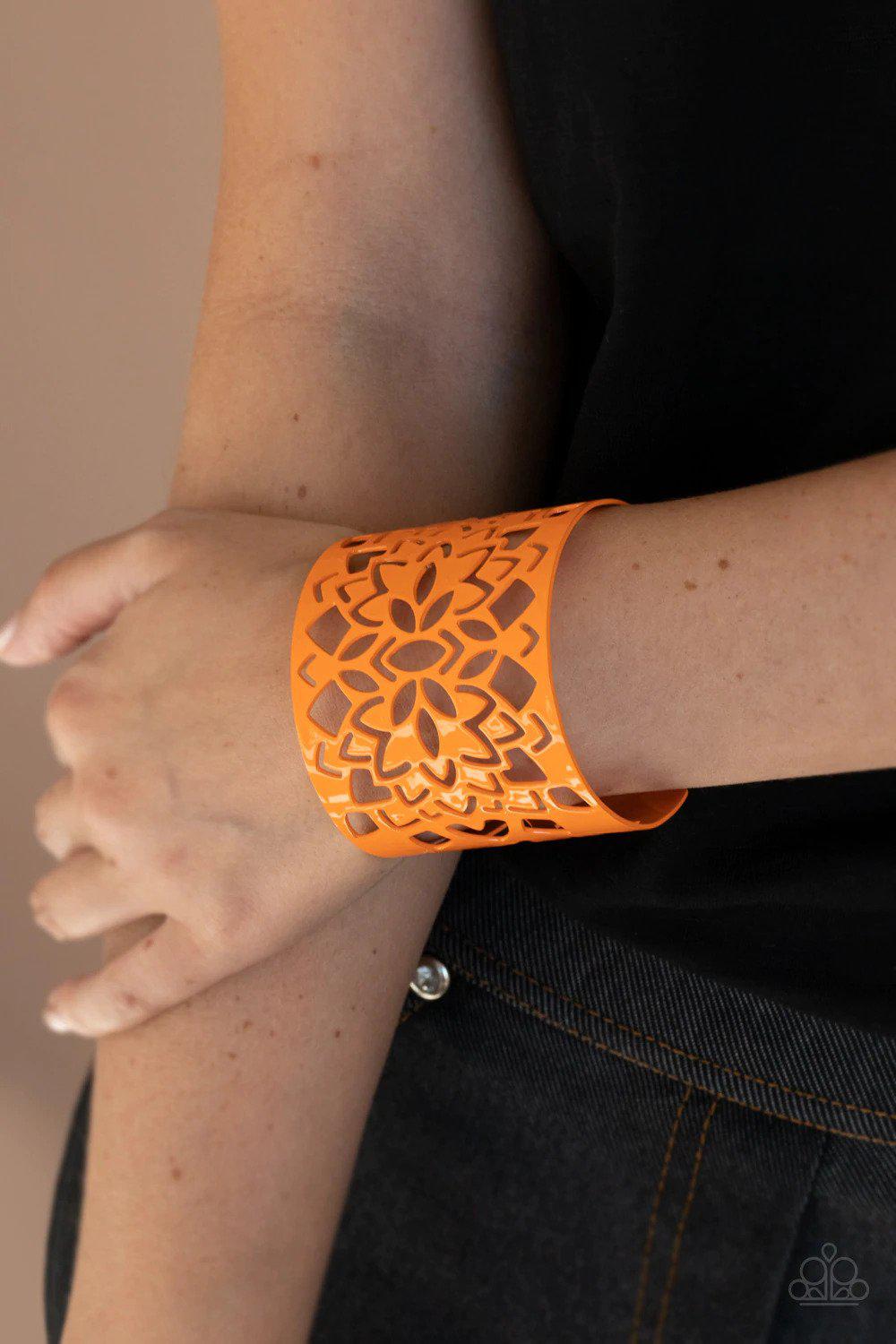 Hacienda Hotspot Orange Cuff Bracelet - Paparazzi Accessories- on model - CarasShop.com - Paparazzi Jewelry by Cara Jewels