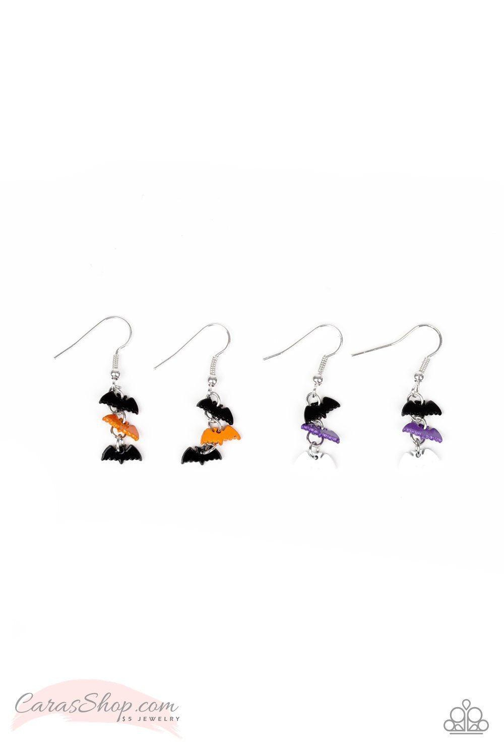 Halloween Themed Starlet Shimmer Children's Bat Dangle Earrings - Paparazzi Accessories- on model - CarasShop.com - Paparazzi Jewelry by Cara Jewels