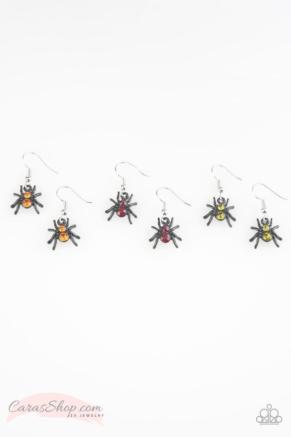 Halloween Themed Starlet Shimmer Children's Spider Dangle Earrings - Paparazzi Accessories- on model - CarasShop.com - Paparazzi Jewelry by Cara Jewels