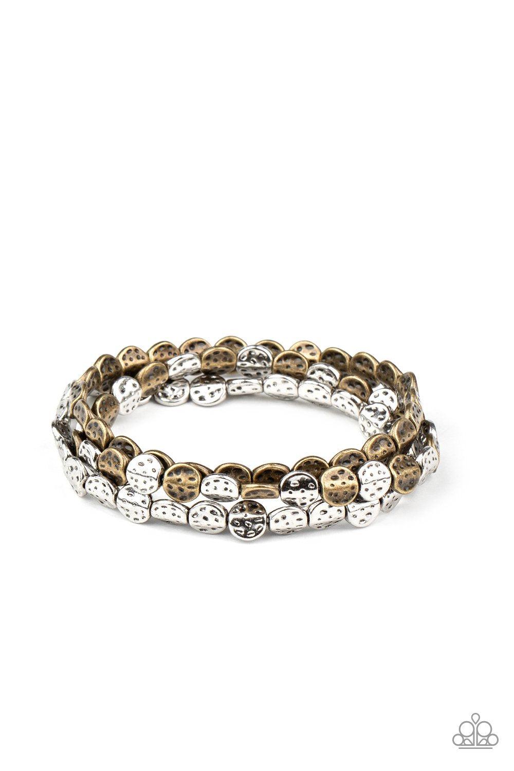 Hammered Heirloom Multi Brass and Silver Stretch Bracelet Set - Paparazzi Accessories- lightbox - CarasShop.com - Paparazzi Jewelry by Cara Jewels