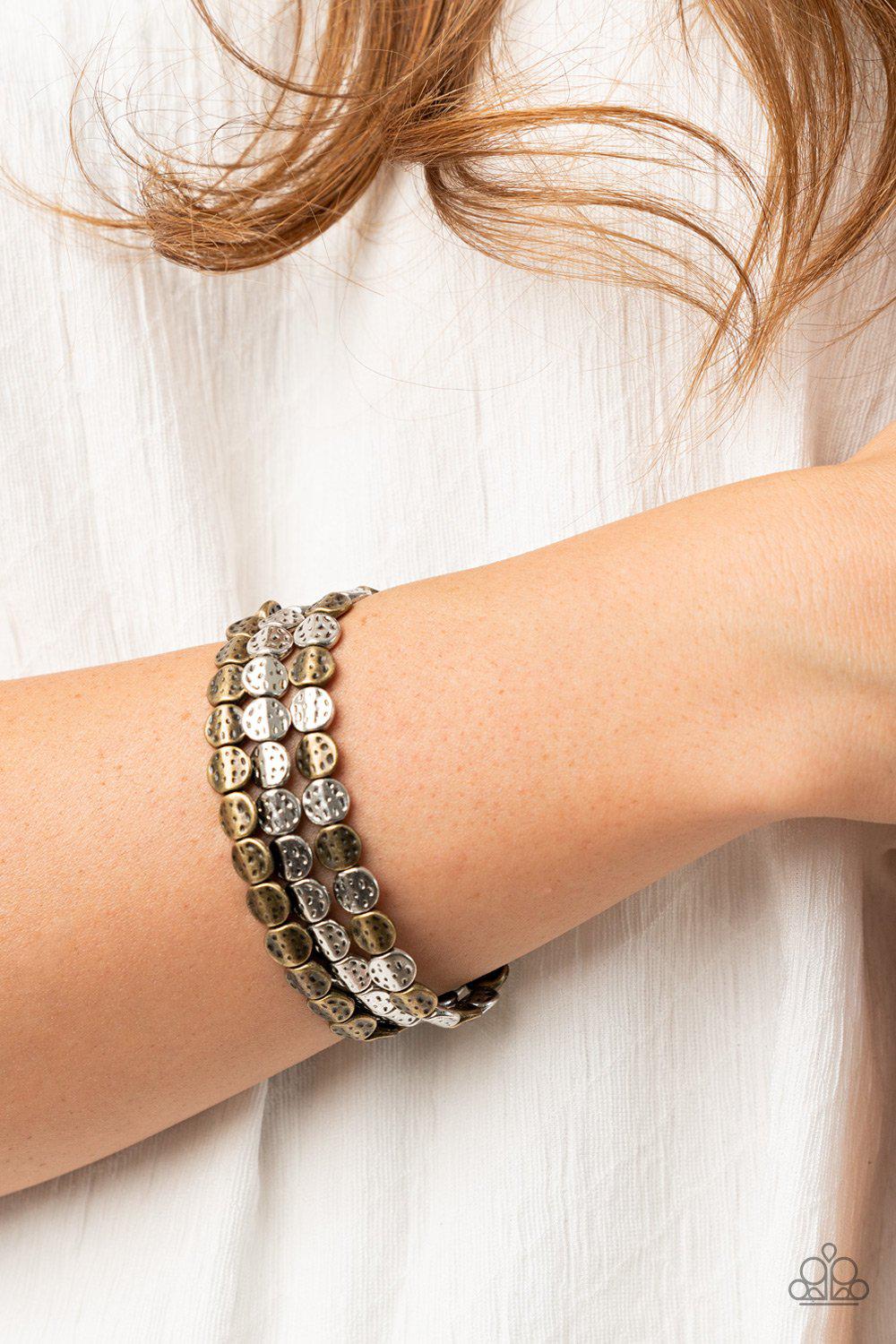 Hammered Heirloom Multi Brass and Silver Stretch Bracelet Set - Paparazzi Accessories- on model - CarasShop.com - Paparazzi Jewelry by Cara Jewels
