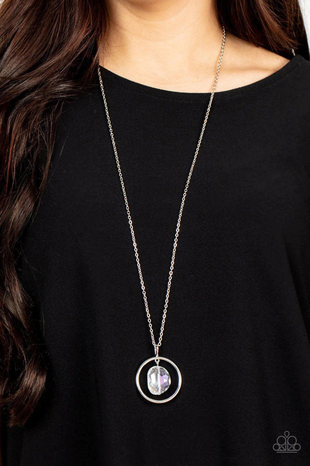 Hands-Down Dazzling White Iridescent Gem Necklace - Paparazzi Accessories- on model - CarasShop.com - Paparazzi Jewelry by Cara Jewels