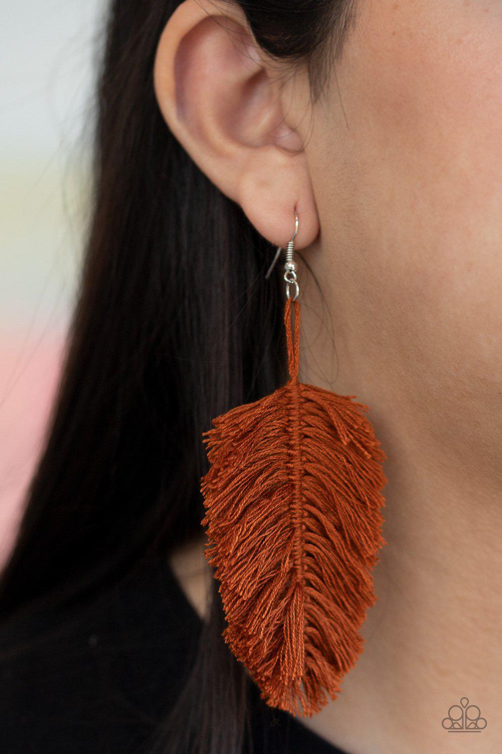 Hanging By A Thread Terracotta Brown Fringe Earrings - Paparazzi Accessories- lightbox - CarasShop.com - Paparazzi Jewelry by Cara Jewels