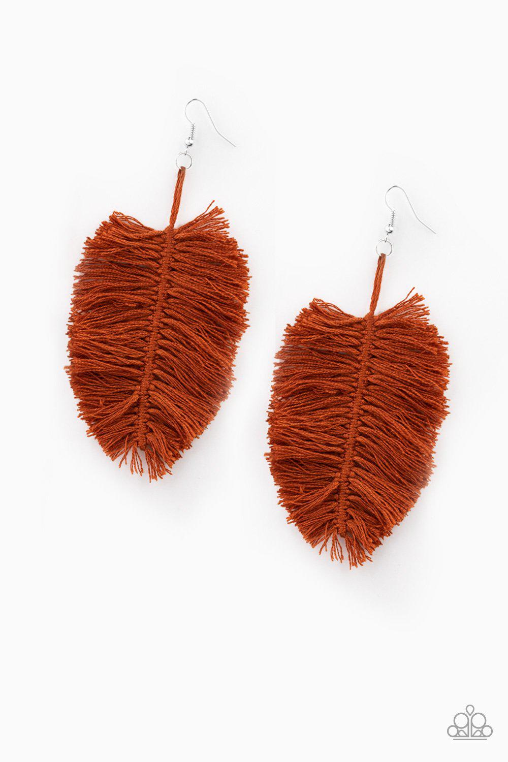 Hanging By A Thread Terracotta Brown Fringe Earrings - Paparazzi Accessories- on model - CarasShop.com - Paparazzi Jewelry by Cara Jewels