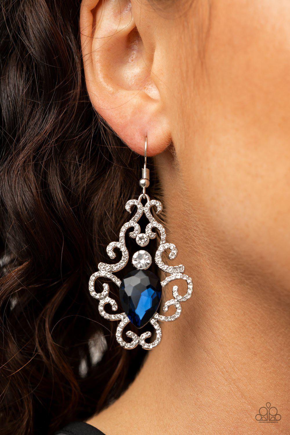 Happily Ever AFTERGLOW Blue and White Rhinestone Earrings - Paparazzi Accessories- on model - CarasShop.com - Paparazzi Jewelry by Cara Jewels
