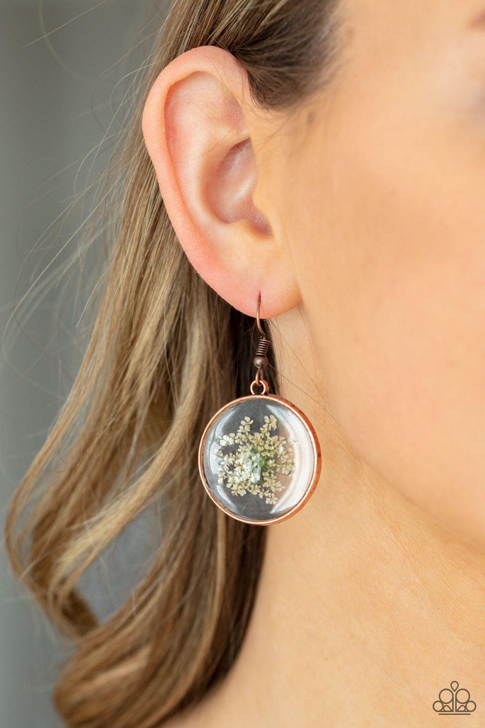 Happily Ever Eden Copper and Pressed Flower Earrings - Paparazzi Accessories- lightbox - CarasShop.com - Paparazzi Jewelry by Cara Jewels
