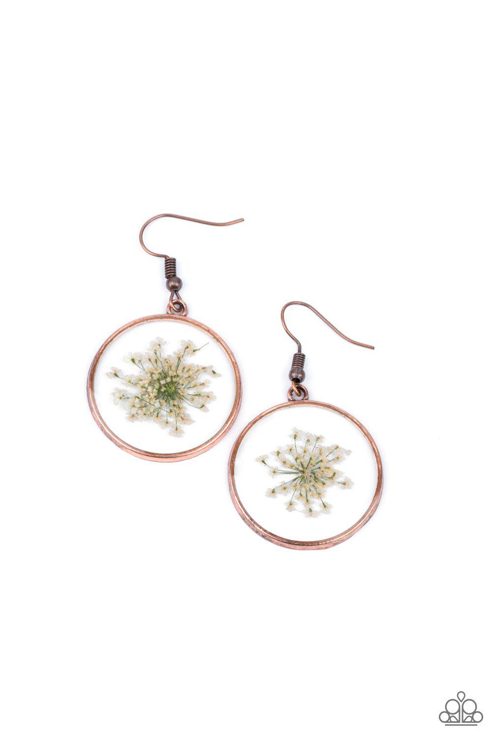 Happily Ever Eden Copper and Pressed Flower Earrings - Paparazzi Accessories- on model - CarasShop.com - Paparazzi Jewelry by Cara Jewels