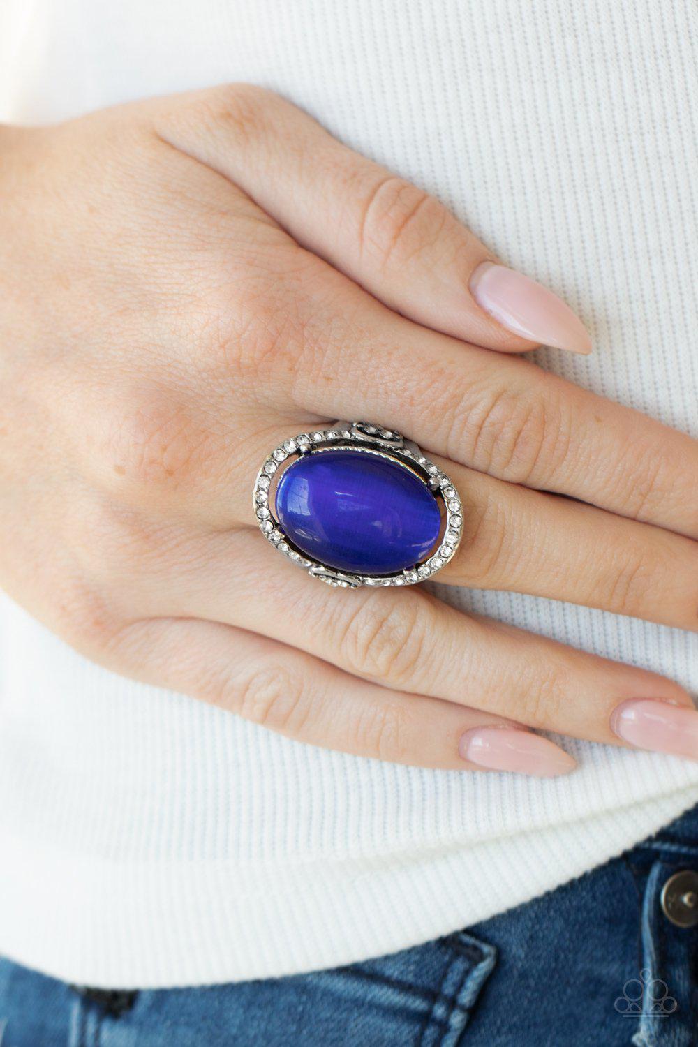 Happily Ever Enchanted Blue Cat's Eye Stone Ring - Paparazzi Accessories- on model - CarasShop.com - Paparazzi Jewelry by Cara Jewels