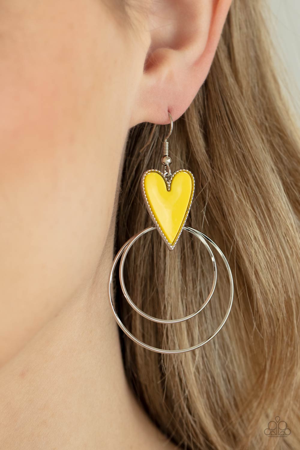 Happily Ever Hearts Yellow Heart Earrings - Paparazzi Accessories- on model - CarasShop.com - Paparazzi Jewelry by Cara Jewels