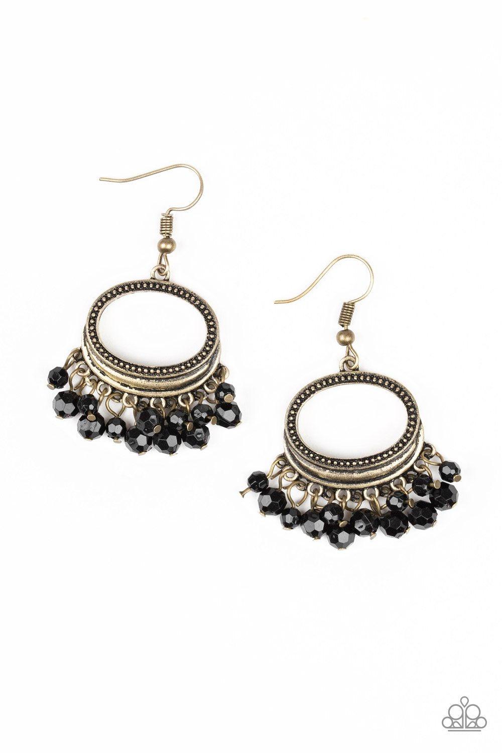 Happy Days Brass and Black Bead Earrings - Paparazzi Accessories- lightbox - CarasShop.com - Paparazzi Jewelry by Cara Jewels