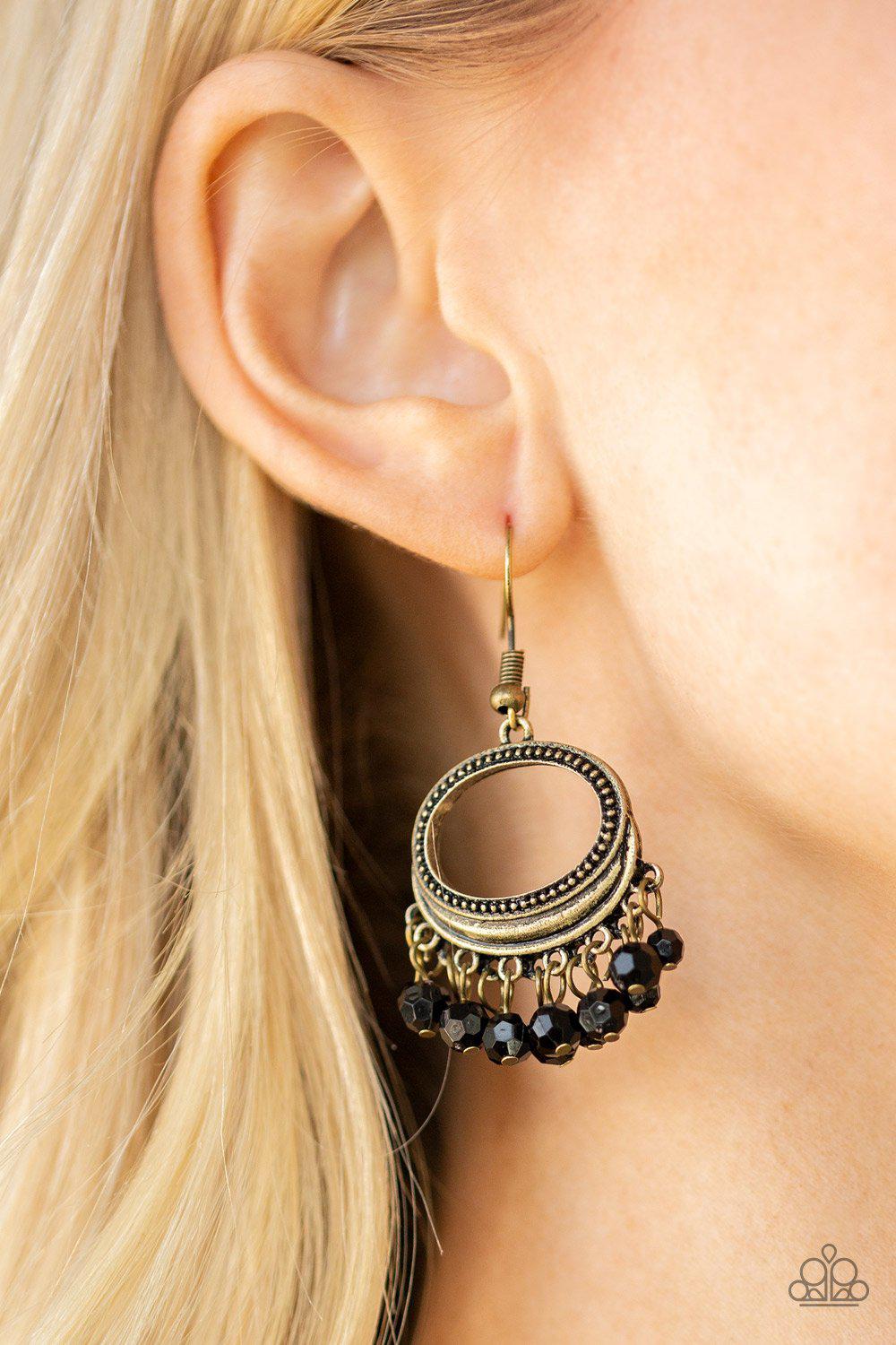 Happy Days Brass and Black Bead Earrings - Paparazzi Accessories- lightbox - CarasShop.com - Paparazzi Jewelry by Cara Jewels
