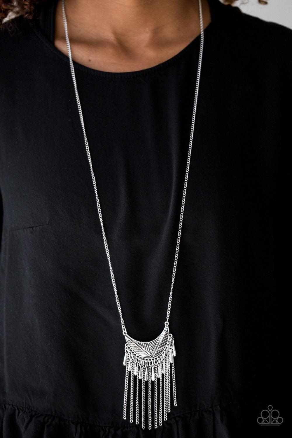 Happy Is The Huntress Silver Necklace - Paparazzi Accessories- on model - CarasShop.com - Paparazzi Jewelry by Cara Jewels