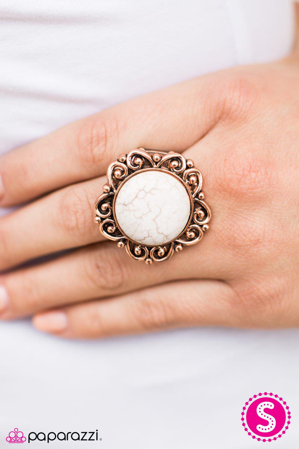 Happy Valley White Stone and Copper Ring - Paparazzi Accessories- lightbox - CarasShop.com - Paparazzi Jewelry by Cara Jewels