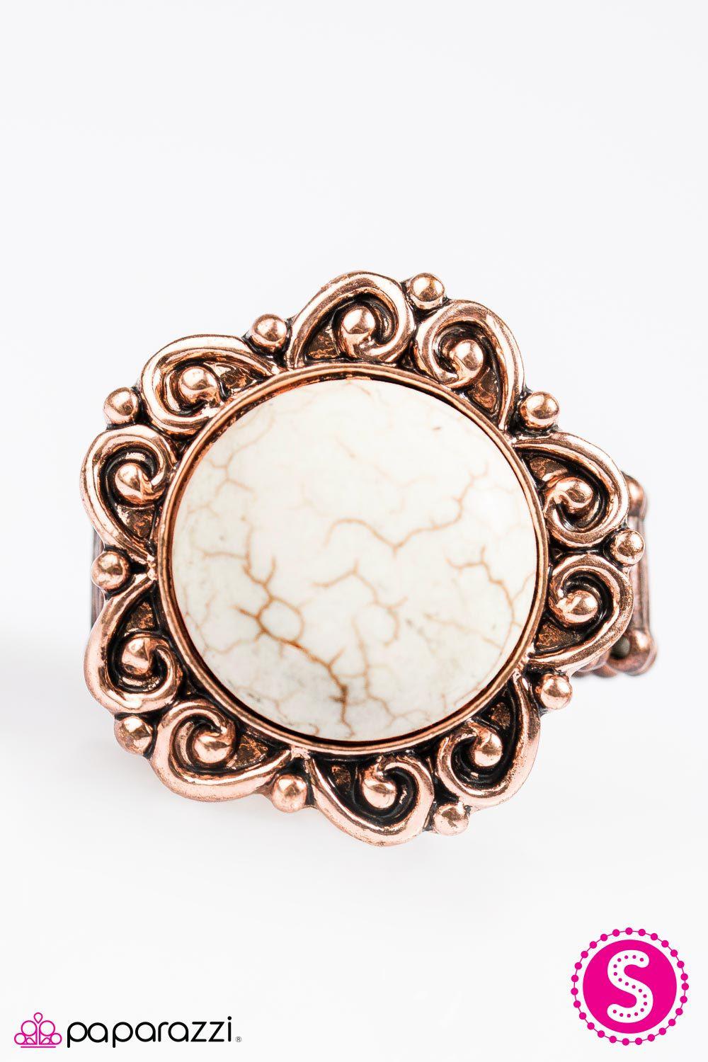 Happy Valley White Stone and Copper Ring - Paparazzi Accessories- on model - CarasShop.com - Paparazzi Jewelry by Cara Jewels