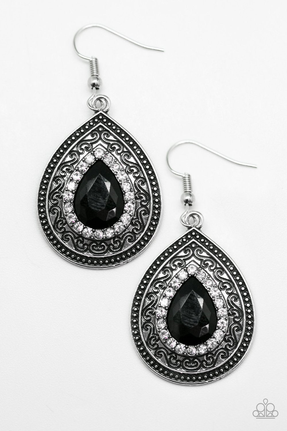 Happy Wife Happy Life Black and White Rhinestone Earrings - Paparazzi Accessories- lightbox - CarasShop.com - Paparazzi Jewelry by Cara Jewels