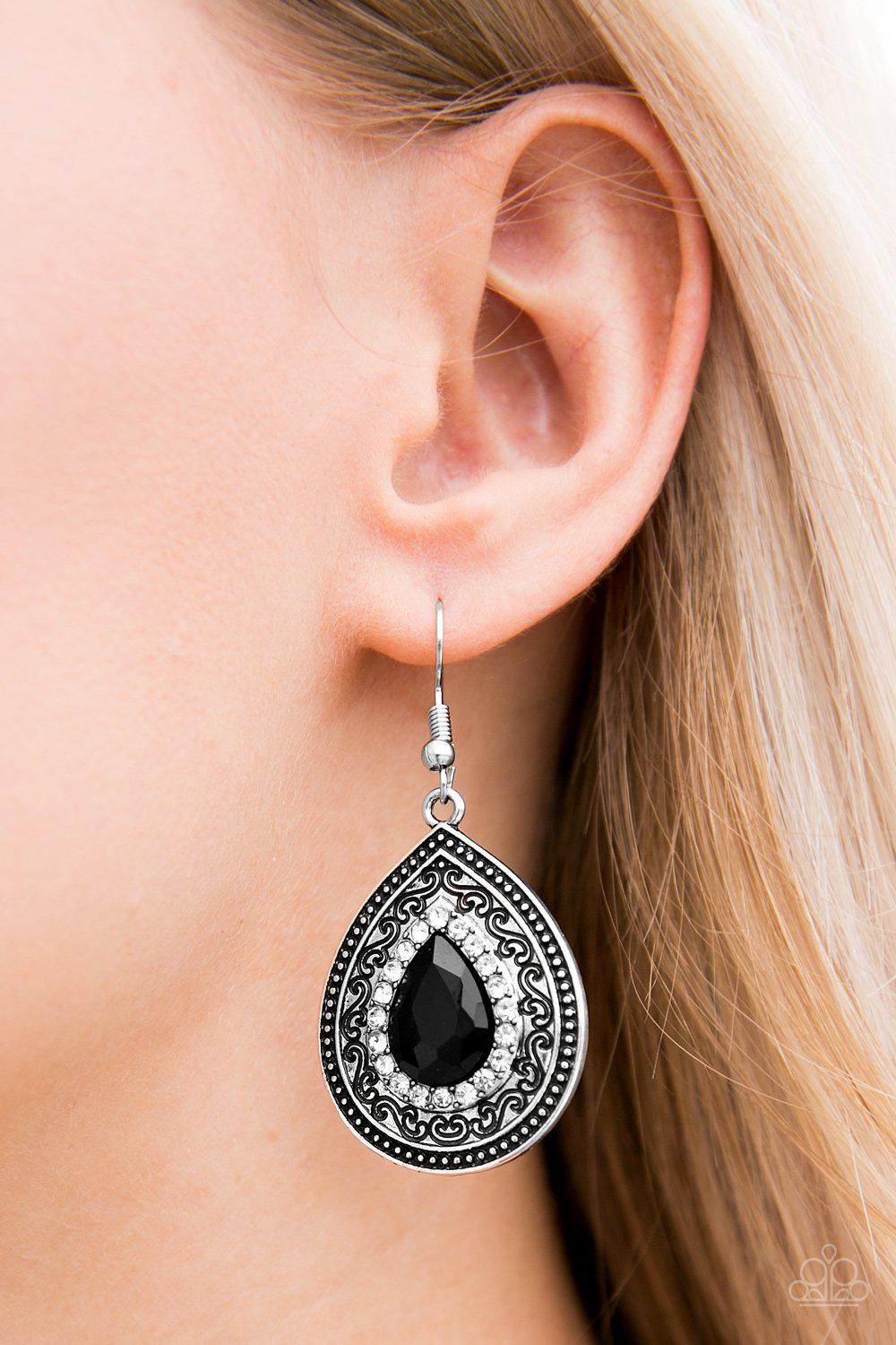 Happy Wife Happy Life Black and White Rhinestone Earrings - Paparazzi Accessories- on model - CarasShop.com - Paparazzi Jewelry by Cara Jewels