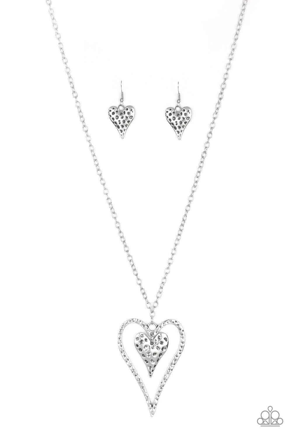 Hardened Hearts Long Silver Necklace and matching Earrings - Paparazzi Accessories - free matching earrings -CarasShop.com - Paparazzi Jewelry by Cara Jewels