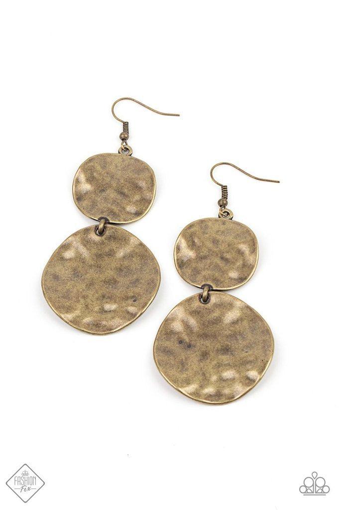 HARDWARE-Headed Brass Earrings - Paparazzi Accessories- lightbox - CarasShop.com - Paparazzi Jewelry by Cara Jewels
