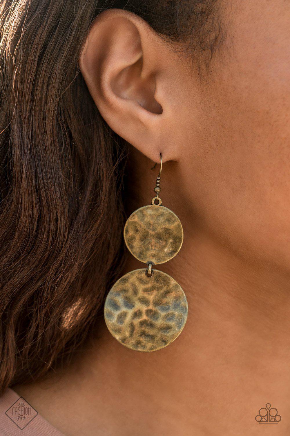 HARDWARE-Headed Brass Earrings - Paparazzi Accessories- lightbox - CarasShop.com - Paparazzi Jewelry by Cara Jewels