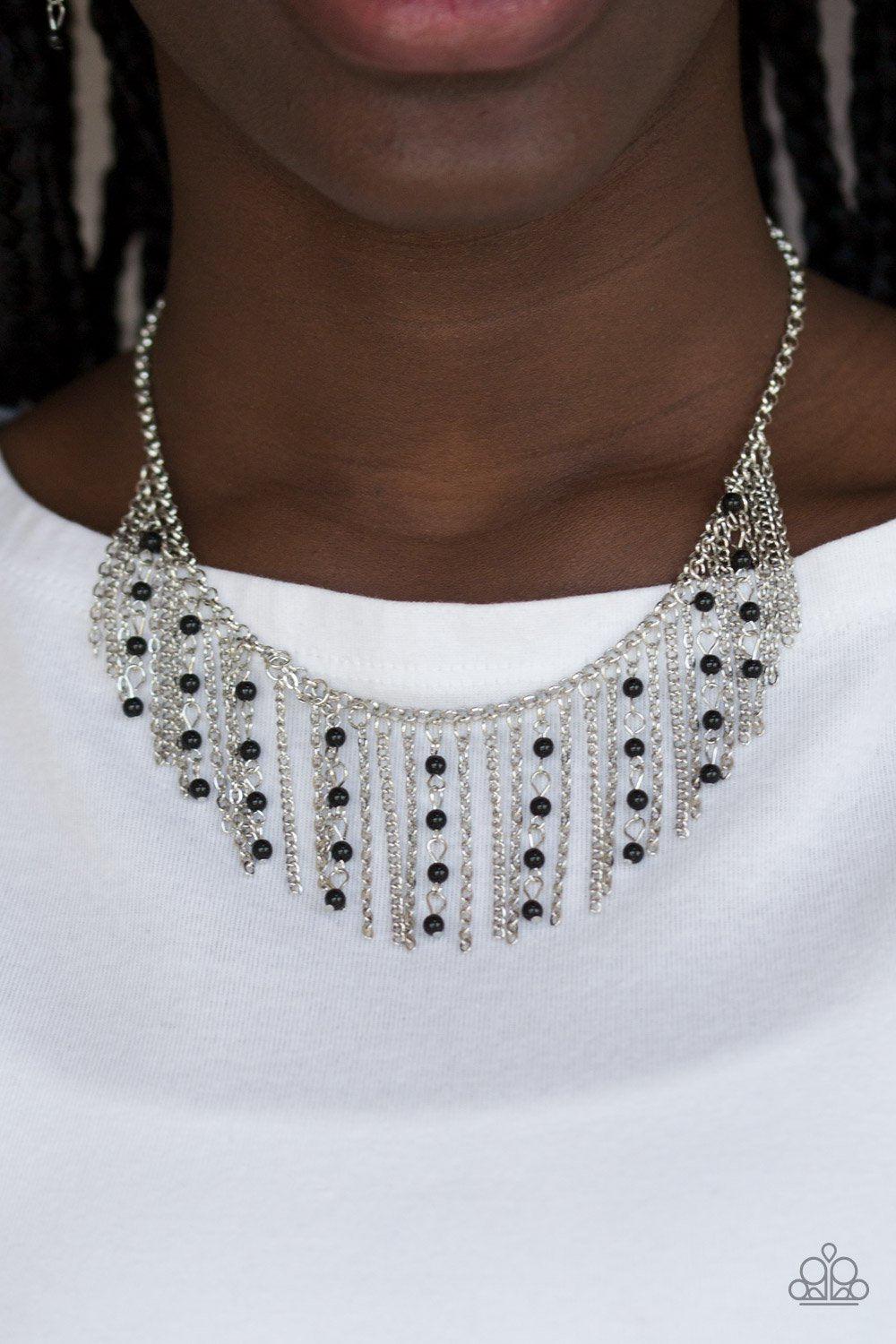 Harlem Hideaway Black and Silver Fringe Necklace - Paparazzi Accessories- on model - CarasShop.com - Paparazzi Jewelry by Cara Jewels