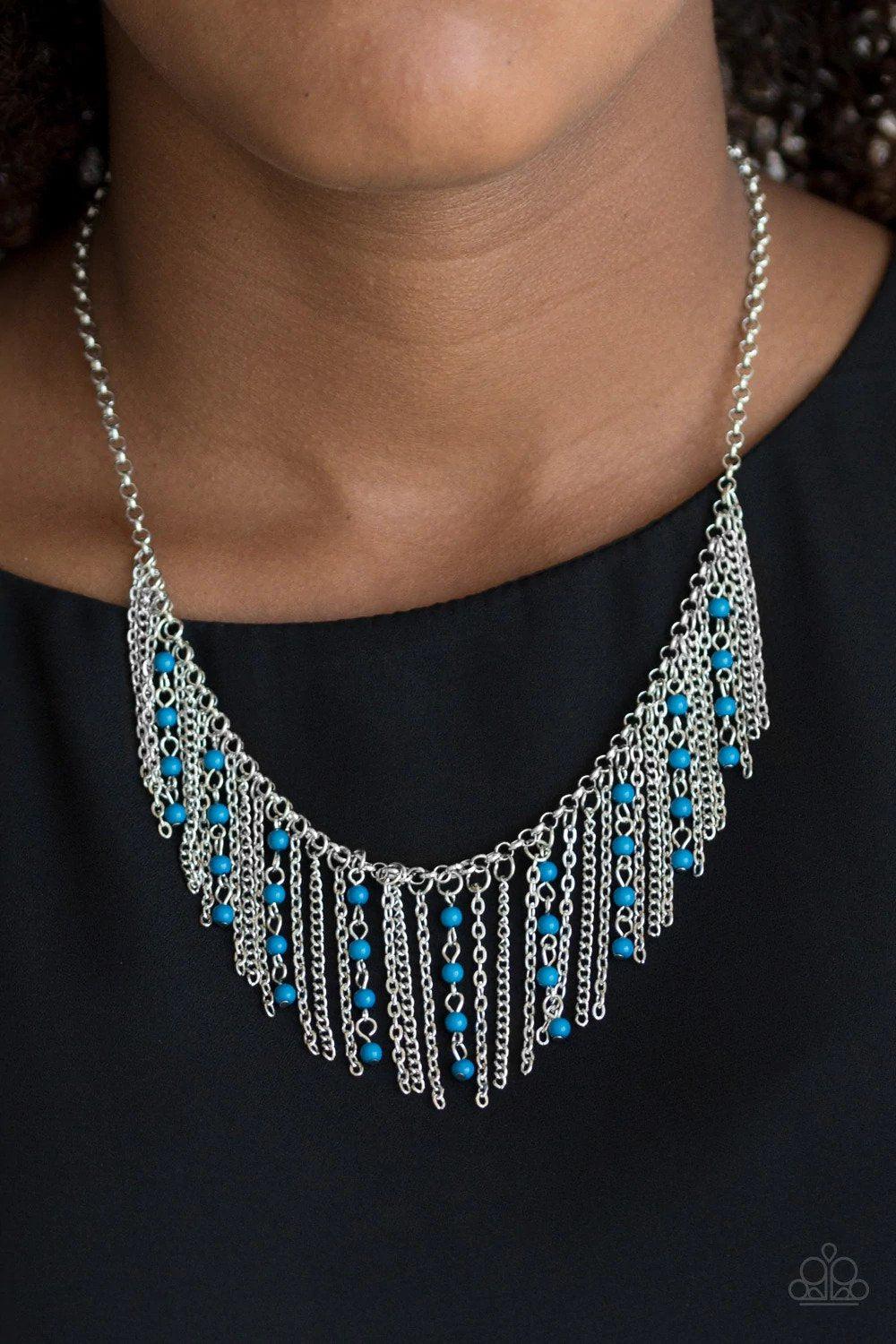 Harlem Hideaway Blue Necklace - Paparazzi Accessories- on model - CarasShop.com - Paparazzi Jewelry by Cara Jewels