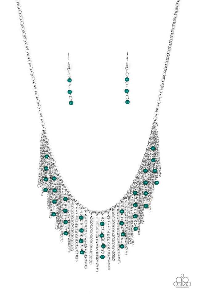 Harlem Hideaway Green and Silver Fringe Necklace - Paparazzi Accessories - free matching earrings -CarasShop.com - Paparazzi Jewelry by Cara Jewels