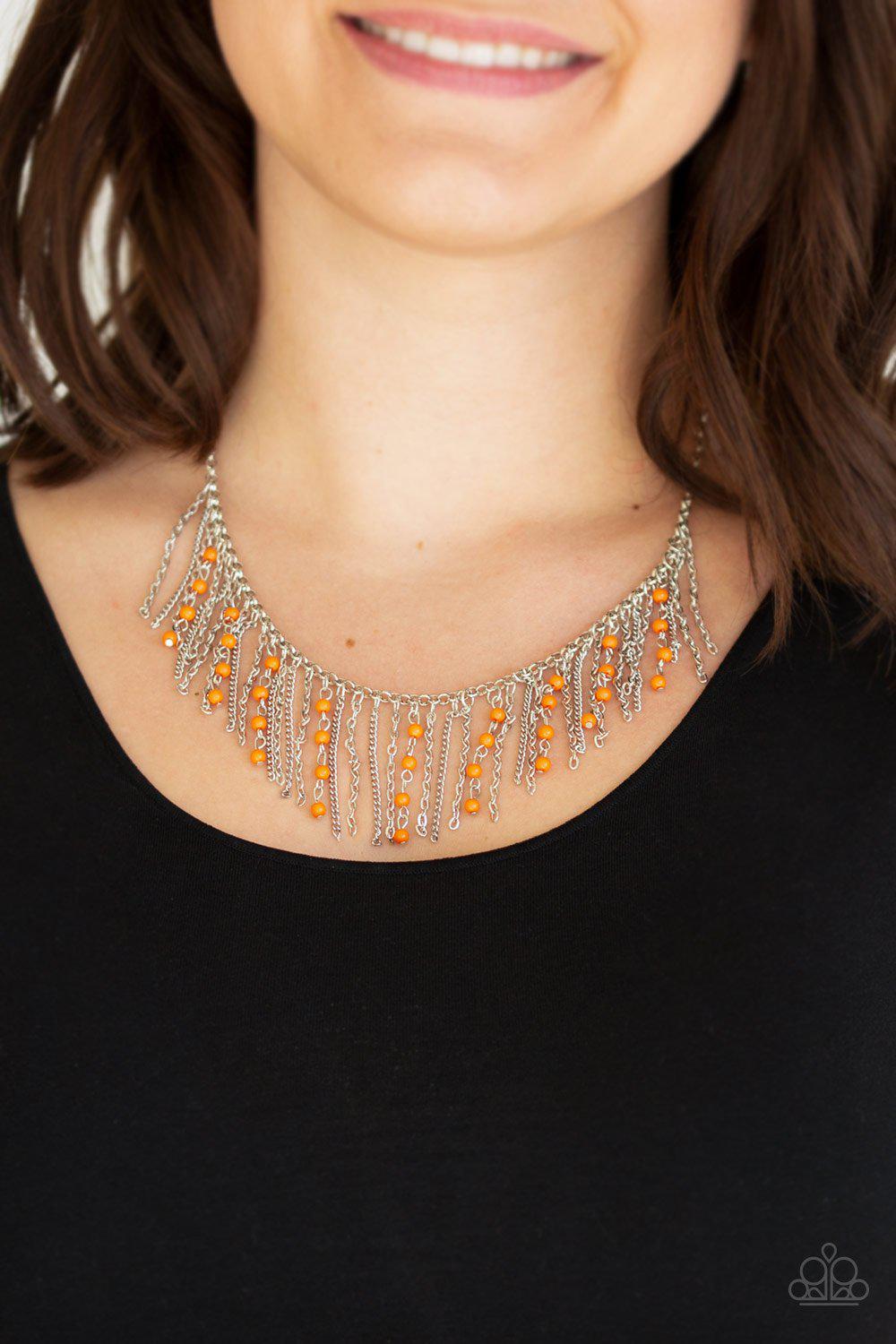 Harlem Hideaway Orange and Silver Necklace - Paparazzi Accessories- on model - CarasShop.com - Paparazzi Jewelry by Cara Jewels