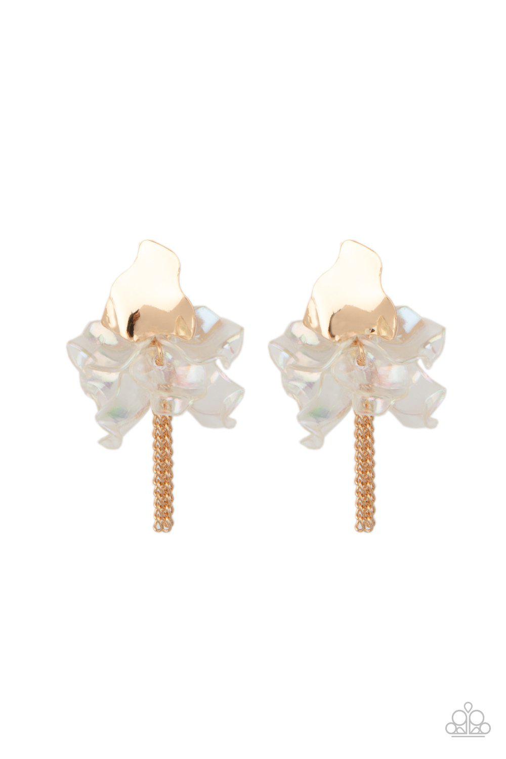 Harmonically Holographic Gold and Iridescent Acrylic Petal Earrings - Paparazzi Accessories- lightbox - CarasShop.com - Paparazzi Jewelry by Cara Jewels