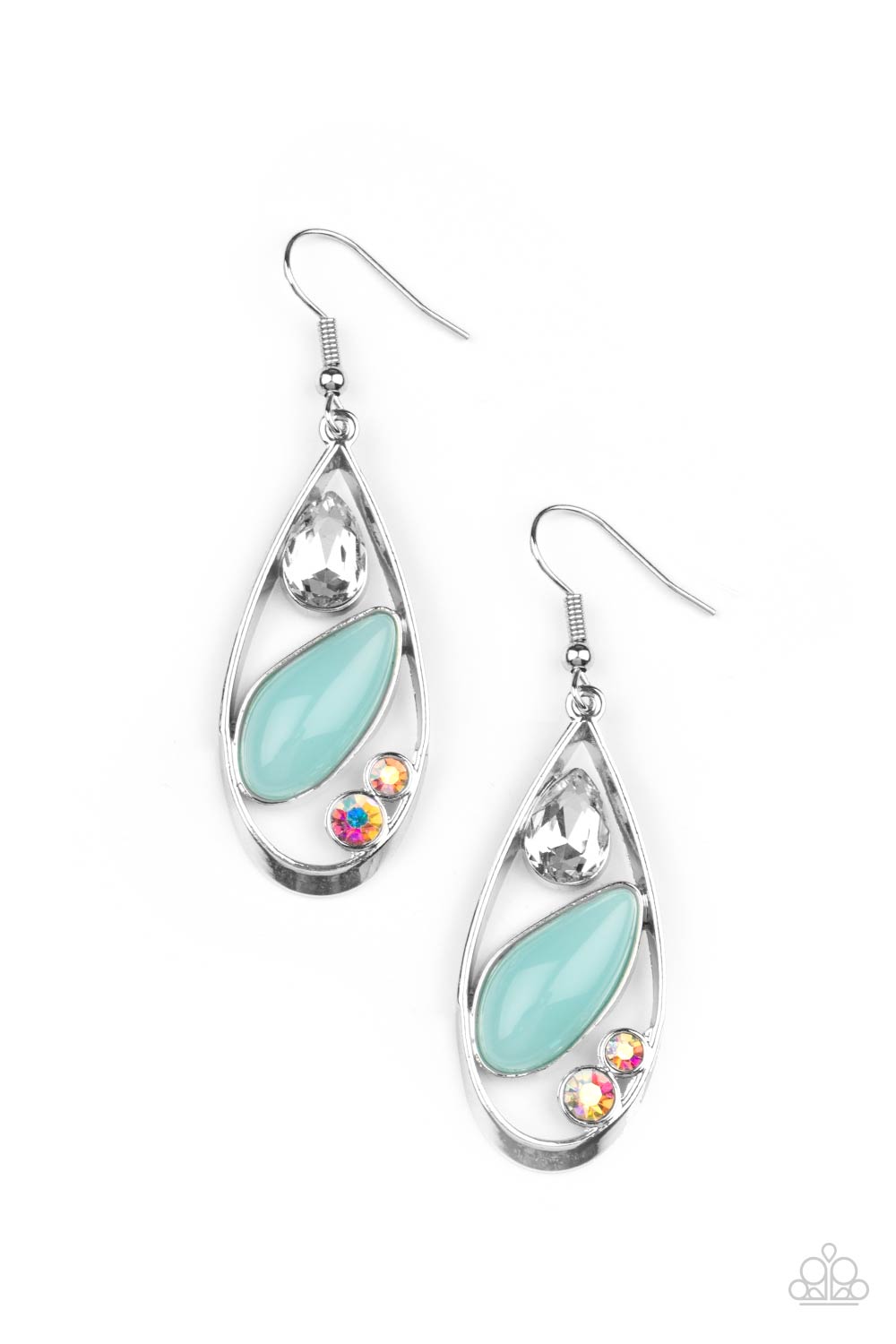 Harmonious Harbors Blue and Iridescent Rhinestone Earrings - Paparazzi Accessories- on model - CarasShop.com - Paparazzi Jewelry by Cara Jewels