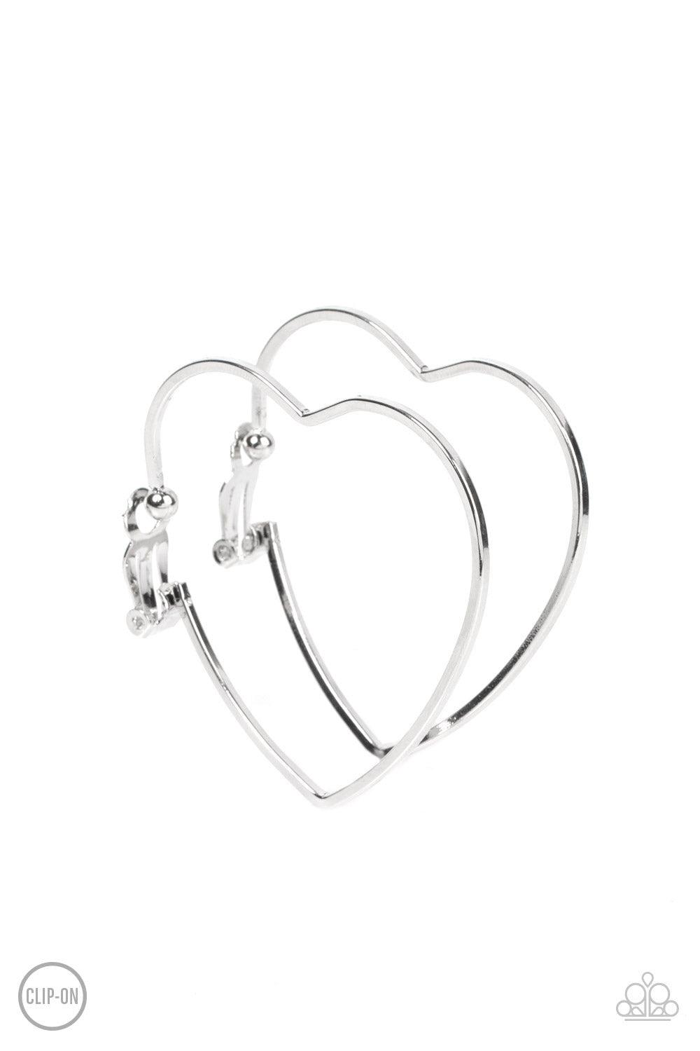 Harmonious Hearts Silver Clip-On Hoop Earrings - Paparazzi Accessories- lightbox - CarasShop.com - Paparazzi Jewelry by Cara Jewels