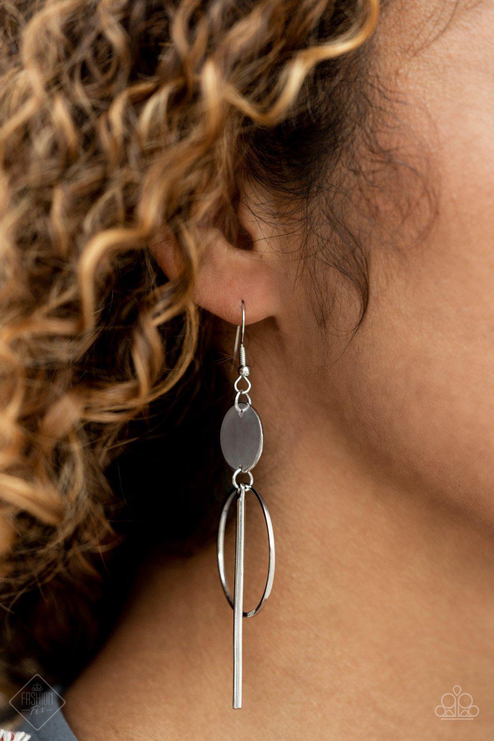 Harmoniously Balanced Silver Earrings - Paparazzi Accessories- on model - CarasShop.com - Paparazzi Jewelry by Cara Jewels