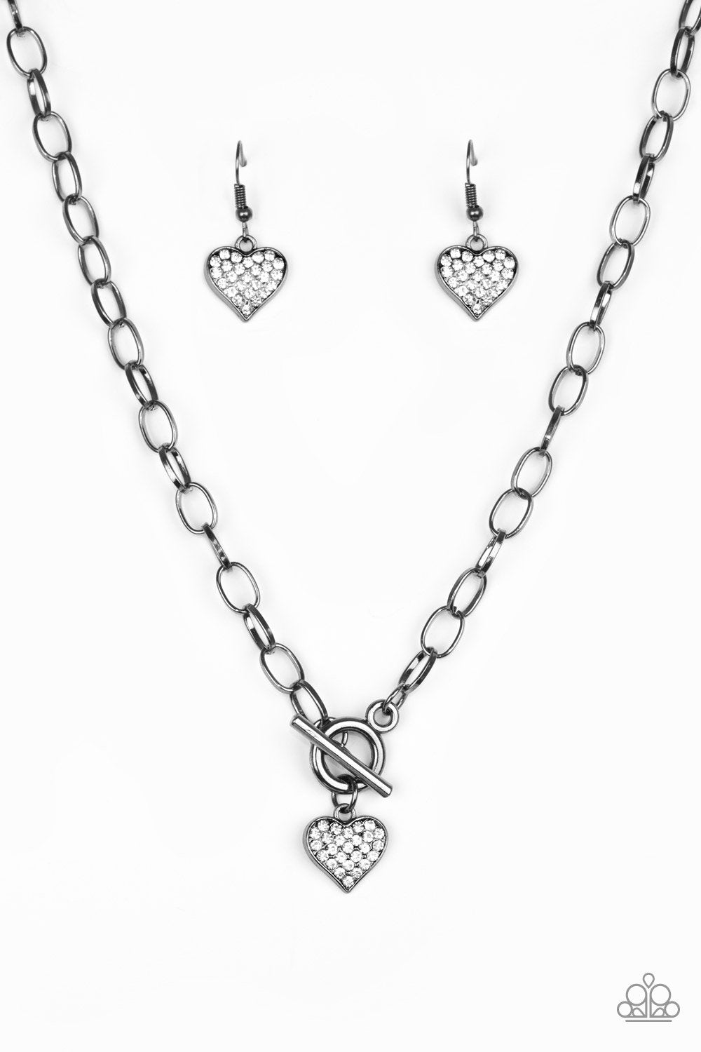 Harvard Hearts Gunmetal Black and White Rhinestone Heart Necklace - Paparazzi Accessories - free matching earrings -CarasShop.com - Paparazzi Jewelry by Cara Jewels