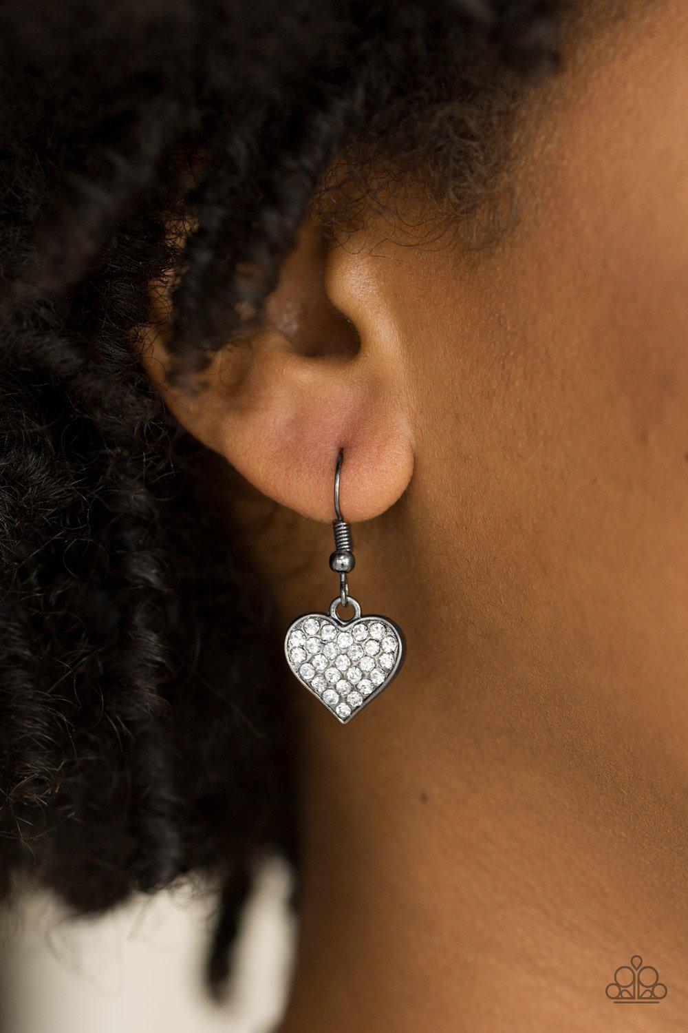 Harvard Hearts Gunmetal Black and White Rhinestone Heart Necklace - Paparazzi Accessories- on model - CarasShop.com - Paparazzi Jewelry by Cara Jewels