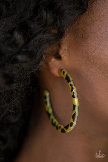 Haute-Blooded Yellow Animal Print Acrylic Hoop Earrings - Paparazzi Accessories- lightbox - CarasShop.com - Paparazzi Jewelry by Cara Jewels
