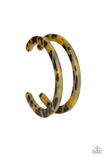 Haute-Blooded Yellow Animal Print Acrylic Hoop Earrings - Paparazzi Accessories- on model - CarasShop.com - Paparazzi Jewelry by Cara Jewels