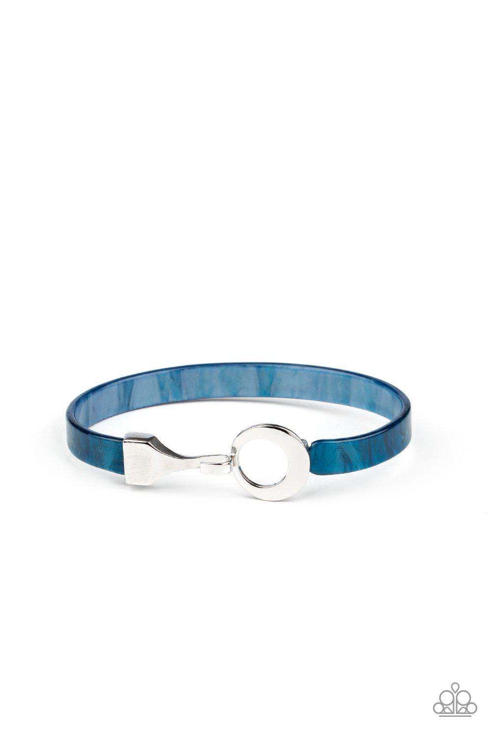 HAUTE Button Topic Blue and Silver Acrylic Bracelet - Paparazzi Accessories- on model - CarasShop.com - Paparazzi Jewelry by Cara Jewels