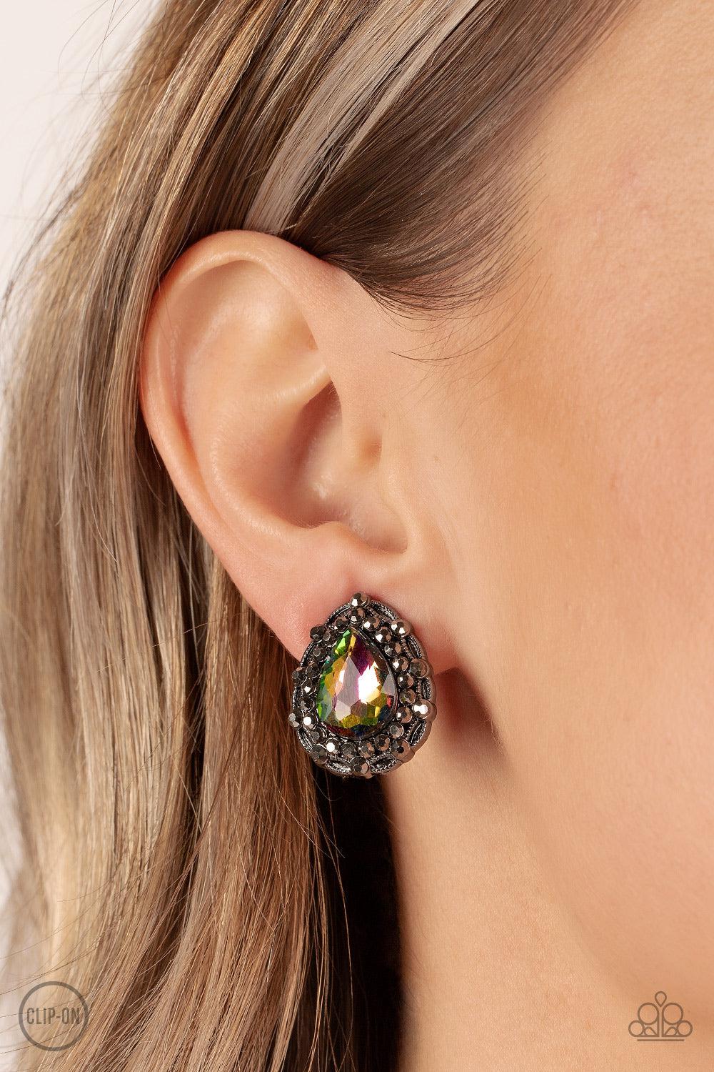 Haute Happy Hour Multi Oil Spill Clip-On Earrings - Paparazzi Accessories- lightbox - CarasShop.com - Paparazzi Jewelry by Cara Jewels