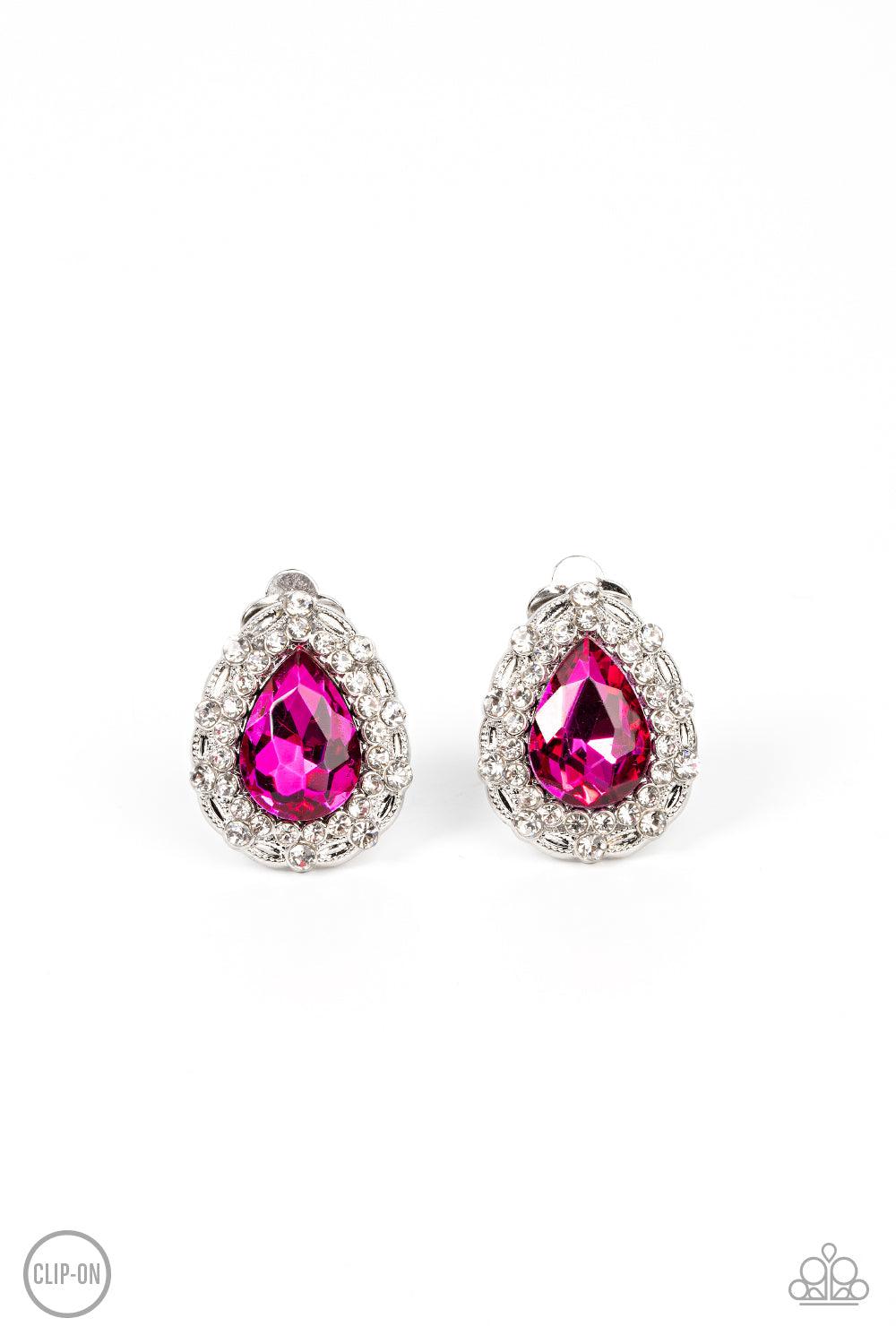 Haute Happy Hour Pink Rhinestone Clip-On Earrings - Paparazzi Accessories- lightbox - CarasShop.com - Paparazzi Jewelry by Cara Jewels