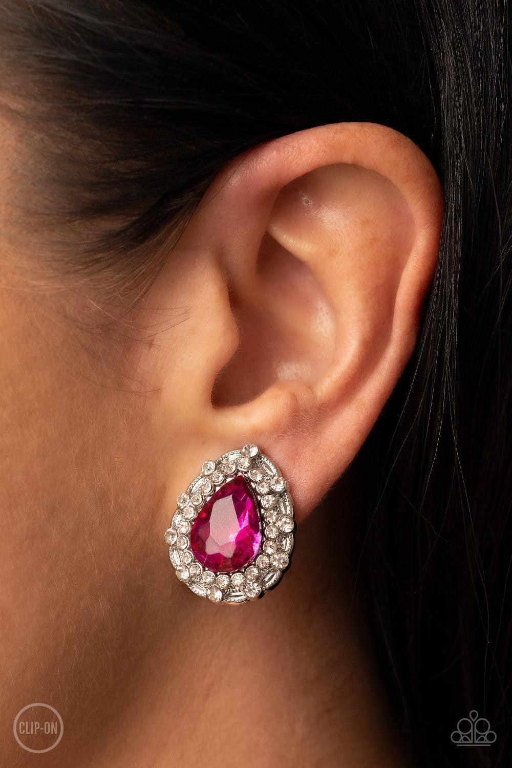 Haute Happy Hour Pink Rhinestone Clip-On Earrings - Paparazzi Accessories- on model - CarasShop.com - Paparazzi Jewelry by Cara Jewels