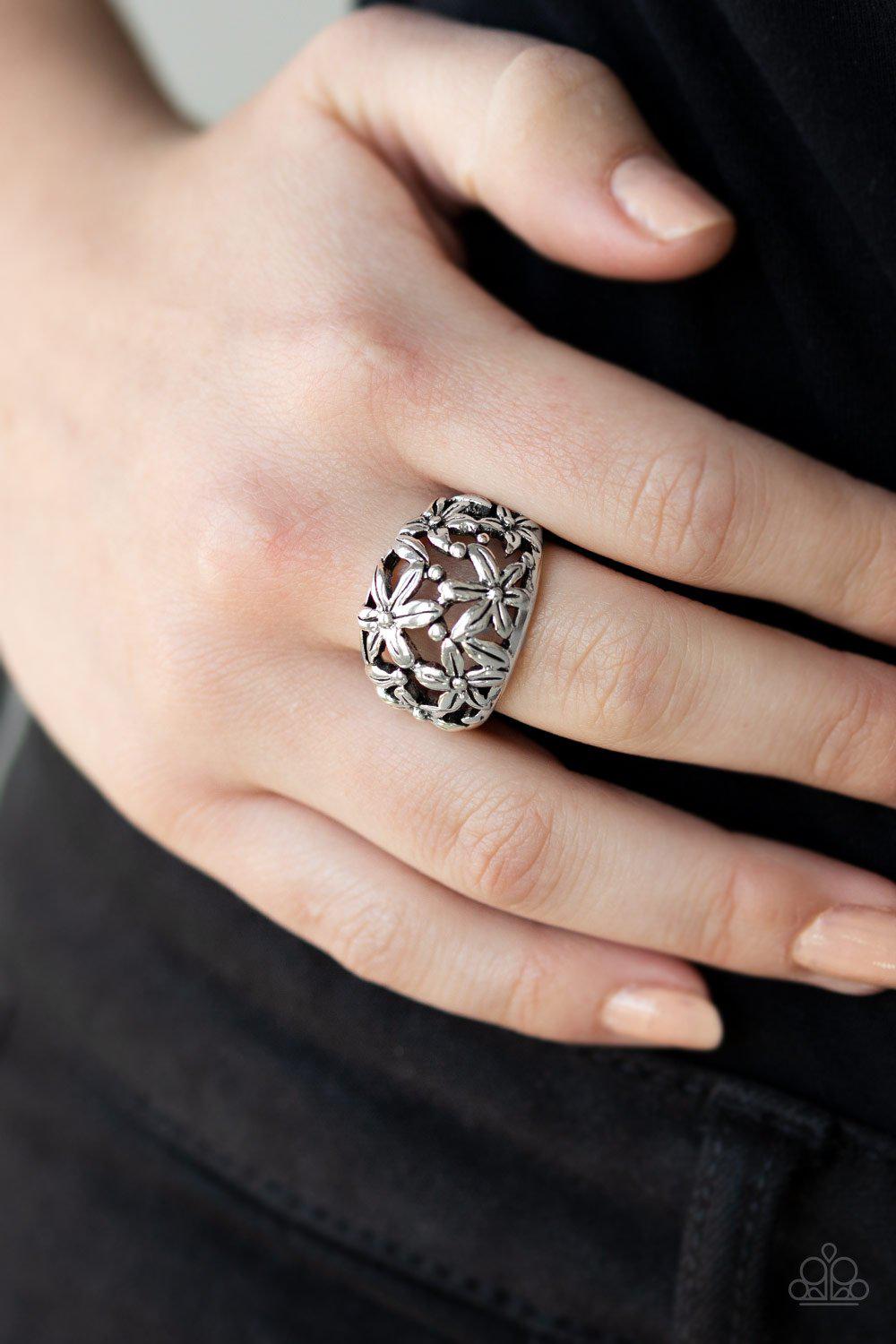 Haute Havana Silver Flower Ring - Paparazzi Accessories- lightbox - CarasShop.com - Paparazzi Jewelry by Cara Jewels