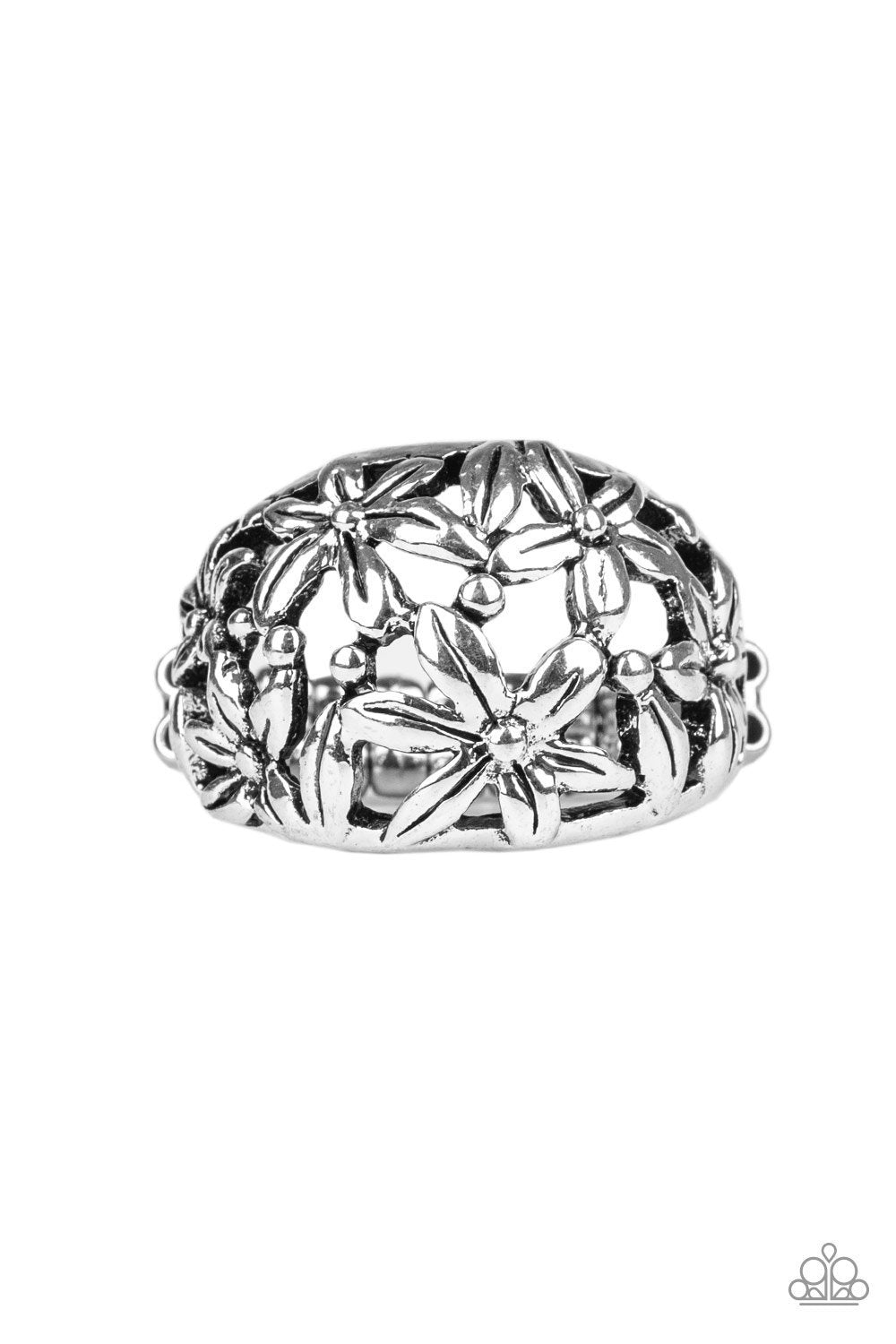 Haute Havana Silver Flower Ring - Paparazzi Accessories- on model - CarasShop.com - Paparazzi Jewelry by Cara Jewels