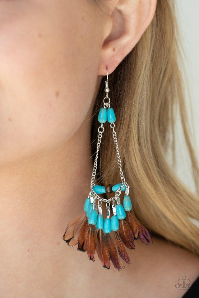Haute Hawk Turquoise Blue Stone and Brown Feather Earrings - Paparazzi Accessories- lightbox - CarasShop.com - Paparazzi Jewelry by Cara Jewels