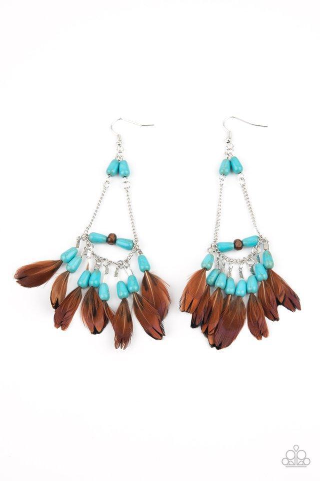 Haute Hawk Turquoise Blue Stone and Brown Feather Earrings - Paparazzi Accessories- on model - CarasShop.com - Paparazzi Jewelry by Cara Jewels