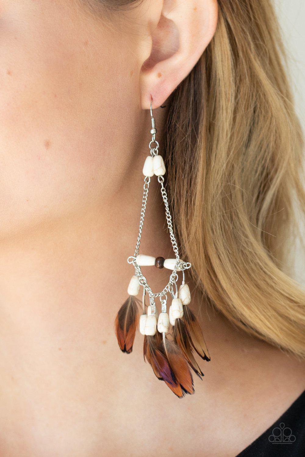 Haute Hawk White Stone and Brown Feather Earrings - Paparazzi Accessories- lightbox - CarasShop.com - Paparazzi Jewelry by Cara Jewels